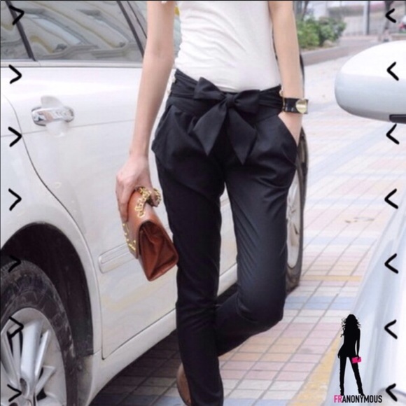 Pants - Black Polished Cotton Tie Front Pants
